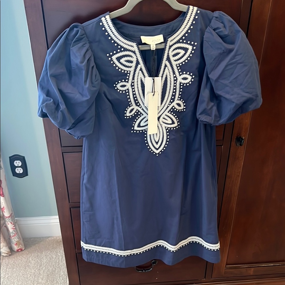 Pinch Navy Blue Dress with White Embroidery